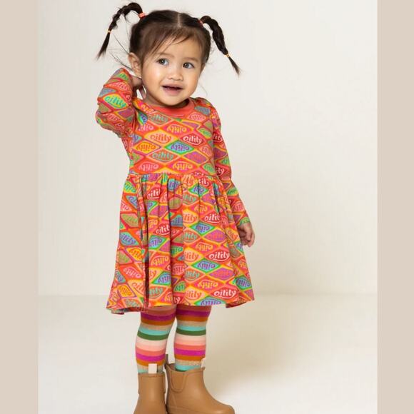 Oilily Organic Cotton Puff Sleeve Logo Dress and Scarf, Size 104 (4T), Orange - Picture 3 of 16